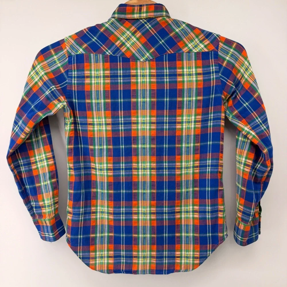Polo Ralph Lauren Western Shirt Mens‎ Small Blue Orange Plaid Pearl Snap Cotton